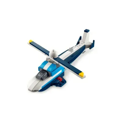 Modelo de helicóptero de blocos de construção azul, branco e amarelo