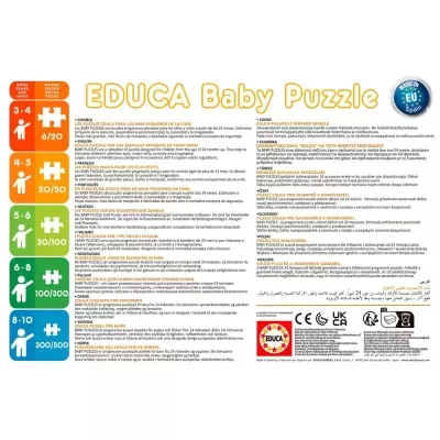 Embalagem de puzzle EDUCA Baby Puzzle com texto multilingue e selo Made in EU.