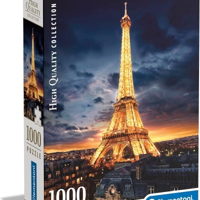 Caixa de puzzle de 1000 peças com imagem da Torre Eiffel iluminada à noite