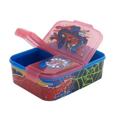 Marmita plástica com decoração do Homem-Aranha e duas tampas vermelhas transparentes.