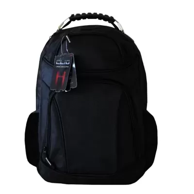 mochila preta com etiqueta VELLIO PREMIUM COLLECTION