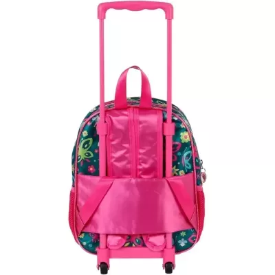 mochila de rodinhas cor-de-rosa com padrão floral colorido