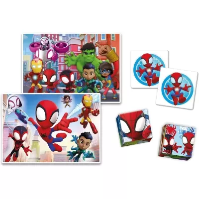 Produtos com gráficos de super-heróis cartoon, incluindo Homem-Aranha, em puzzles, cubos e cartões.