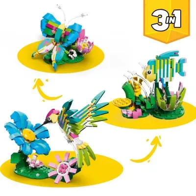 Três modelos de brinquedos de blocos de montar coloridos, transformáveis entre borboleta, peixe e pássaro, com texto 3 IN 1.