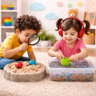 Crianças a brincar com brinquedos sensoriais em sala de jogos