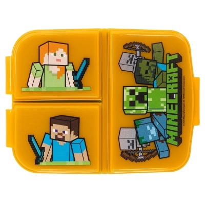 Lanchtira amarela com personagens Minecraft pixelizados e texto MINECRAFT