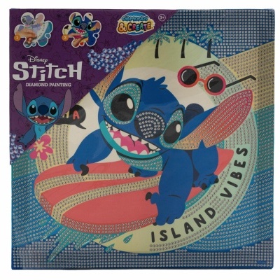 Caixa de pintura de diamante Disney Stitch com Stitch em prancha de surf e frase ISLAND VIBES