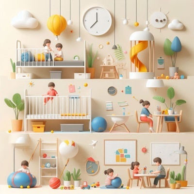 Quarto de crianças com brinquedos em madeira, camas, bola, relógio e decoração colorida