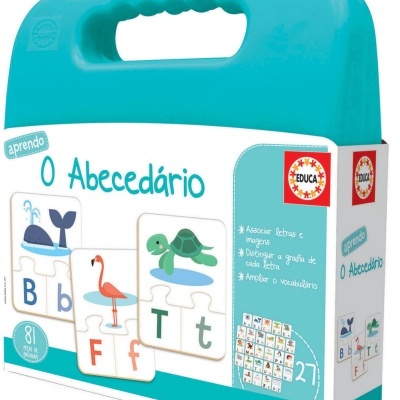 Caixa educativa O Abecedário com alça azul e branco e imagens de animais.