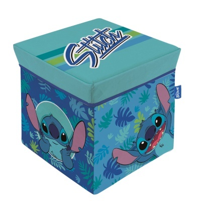 Cubo de armazenamento azul com imagens de Stitch e folhas tropicais.