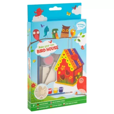 Kit para construir e pintar uma casinha de pássaros em madeira com tintas e pincel na embalagem azul colorida