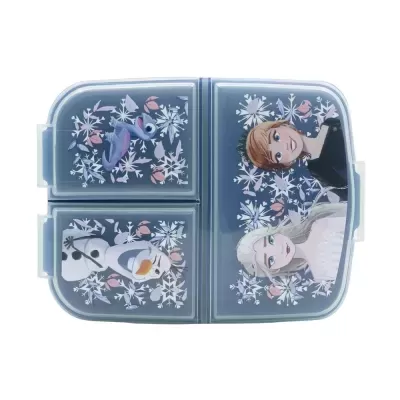 Marmita plástica azul com personagens de desenho animado e flocos de neve