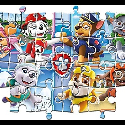 Puzzle incompleto com personagens de desenho animado coloridos de cães em roupas e capacetes