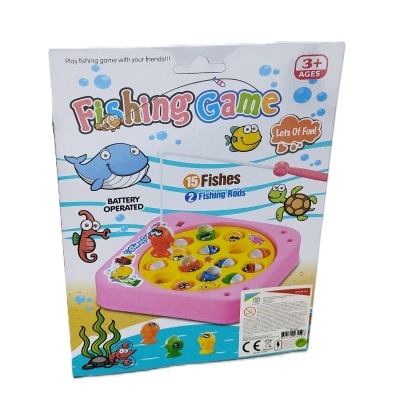 Jogo de pescaria infantil com peixes coloridos e canas de pesca em embalagem colorida