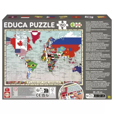 Caixa do puzzle EDUCA PUZZLE com mapa mundi ilustrado pelas bandeiras dos países.