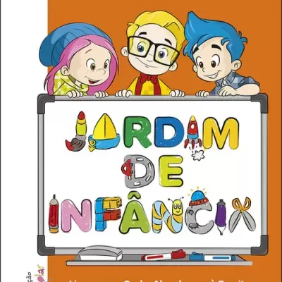 Capa de livro educativo com crianças e texto colorido Jardim de Infância