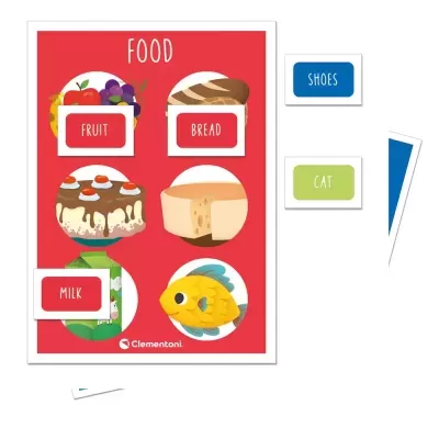 Jogo educativo com cartas de comida e palavras em fundo vermelho.
