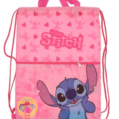 Mochila saco rosa Disney Stitch com padrão de corações e personagem azul