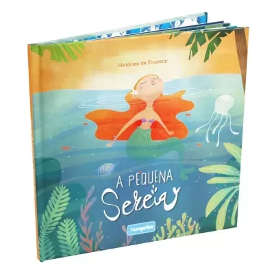 Capa de livro infantil 'A Pequena Sereia' com ilustração colorida de sereia e animais marinhos