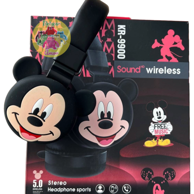 Ausculadores wireless com cara do Mickey Mouse e embalagem preta e vermelha