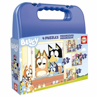 Caixa azul com 4 puzzles progressivos Bluey em diferentes quantidades de peças