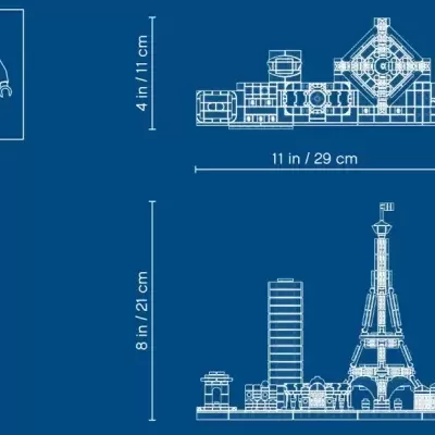 Esquema técnico da Torre Eiffel com dimensões e figura humana em escala