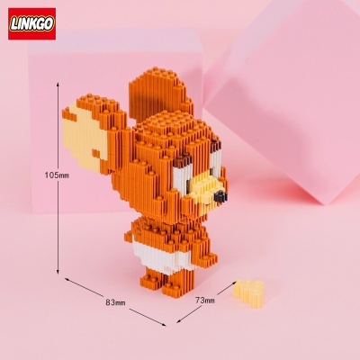 Figura de bloco de construção laranja e branco com medidas em fundo rosa