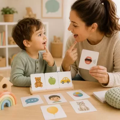 Cartões educativos com imagens infantis numa mesa com adulto e criança brincando