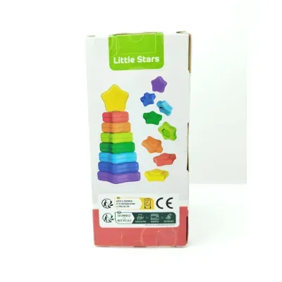 Brinquedo empilhável Little Stars colorido em caixa branca e vermelha