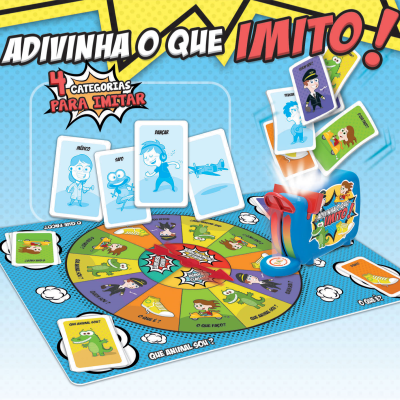 Jogo de tabuleiro ADIVINHA O QUE IMITO! com cartas e tabuleiro colorido