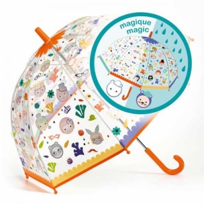 Guarda-chuva transparente com desenhos coloridos e cabo laranja