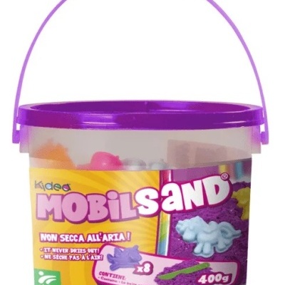 Balde de areia cinética roxa Mobilsand com tampa e pega roxas