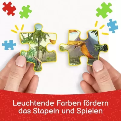 Peças de puzzle com imagens de dinossauros e paisagem pré-histórica