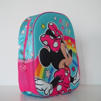 Mochila infantil Minnie Mouse azul e rosa com desenho colorido e bolso em rede