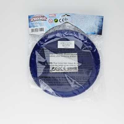 Prato azul plástico embalado com etiquetas Spider-Man e Marvel