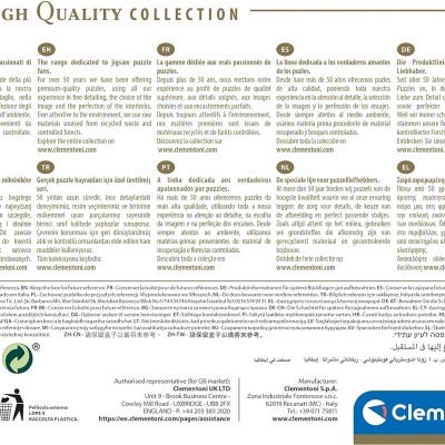 Embalagem traseira de puzzle Clementoni com texto informativo e logótipos.