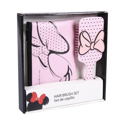 Conjunto de escova de cabelo rosa com saco, padrão de pontos e laço na embalagem