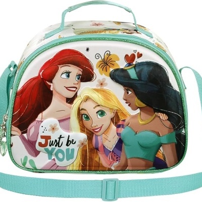 Mala térmica infantil branca com princesas Disney e alça azul-água