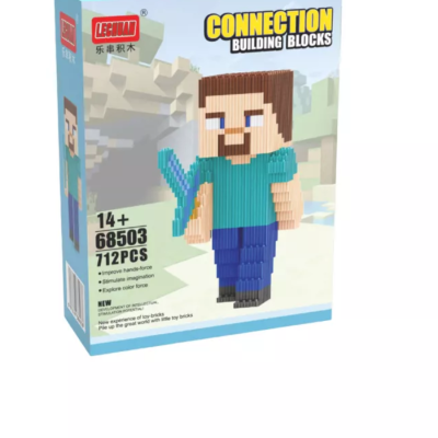 Caixa de blocos de construção LEPIN CONNECTION BUILDING BLOCKS com boneco pixelado e espada azul.