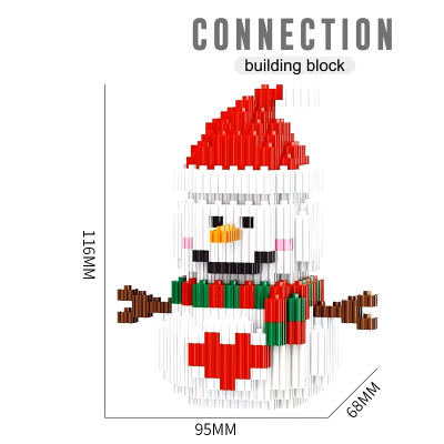 Boneco de neve em blocos de construção com chapéu e cachecol coloridos.