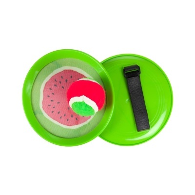 Brinquedo de apanhar bola com bases verdes e padrão de melancia.