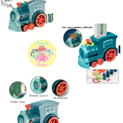 Brinquedo comboio azul com rodas vermelhas e textos explicativos