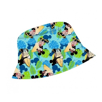Chapéu colorido com estampas de desenhos animados e folhas