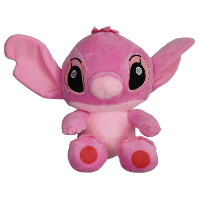 Pelúcia rosa sentada com orelhas largas e olhos grandes