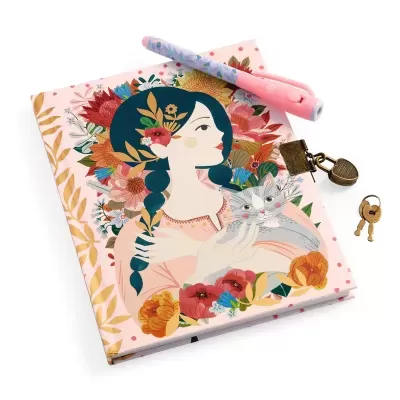 Diário ilustrado com mulher, gato e flores, caneta rosa e cadeado com chaves