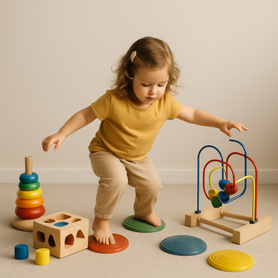 Criança a brincar com brinquedos educativos coloridos no chão