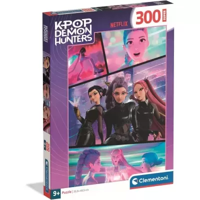 Caixa de puzzle 300 peças K-POP DEMON HUNTERS com personagens de anime e marcas Clementoni e Netflix
