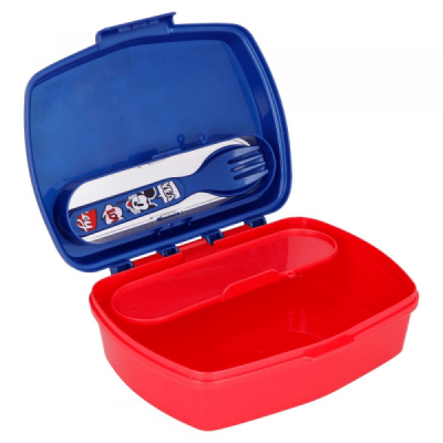 Marmita plástica vermelha com tampa azul e garfo azul com desenhos