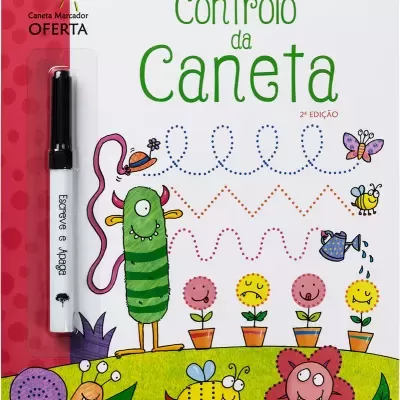 Capa de livro infantil com desenhos coloridos de monstro, flores, insectos e caneta marcador preta
