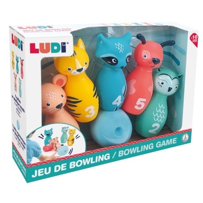 Jogo de bowling infantil LUDI com 5 pinos coloridos em forma de animais e embalagem visível
